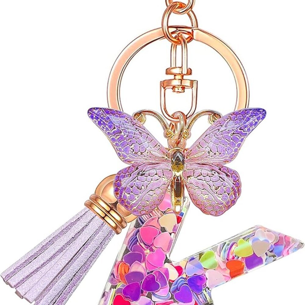 Initial letter Keychains for Women Tassel Butterfly Pink Purple Cute Car Keychai - Picture 1 of 6